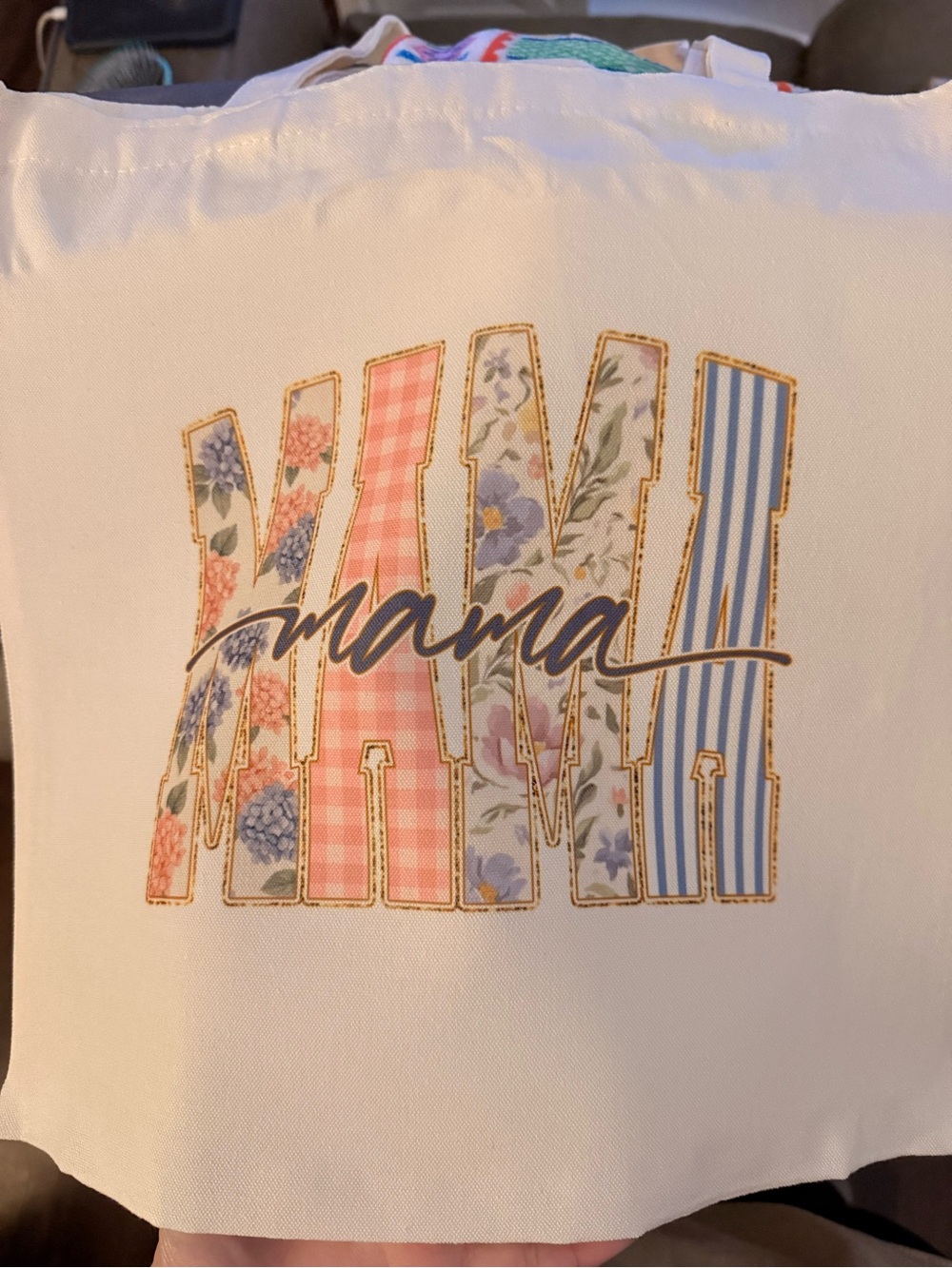 Mama Graphic Canvas Tote Bag in Pastel Floral & Stripe Pattern